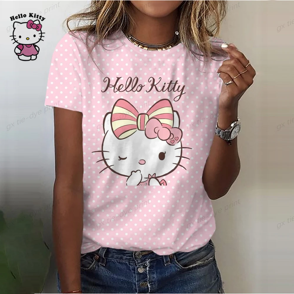 2023 Летняя Женская футболка Harajuku, Футболки с принтом Hello Kitty, Повседневные Блузки, Повседневные Пуловеры, Женские Футболки, Уличная Одежда Изображение 0