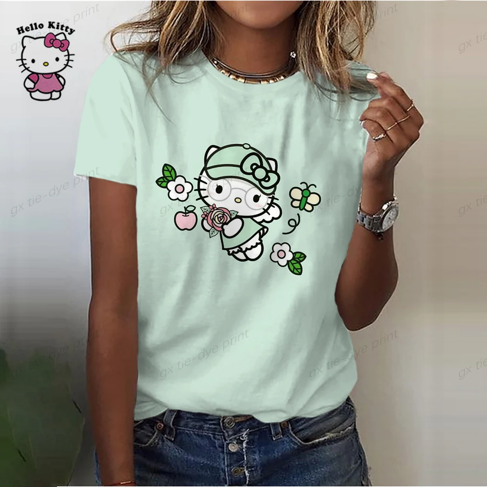 2023 Летняя Женская футболка Harajuku, Футболки с принтом Hello Kitty, Повседневные Блузки, Повседневные Пуловеры, Женские Футболки, Уличная Одежда Изображение 1