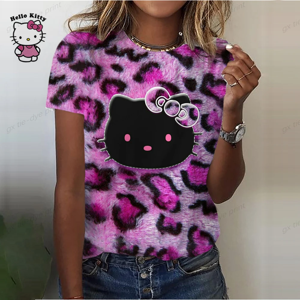 2023 Летняя Женская футболка Harajuku, Футболки с принтом Hello Kitty, Повседневные Блузки, Повседневные Пуловеры, Женские Футболки, Уличная Одежда Изображение 4