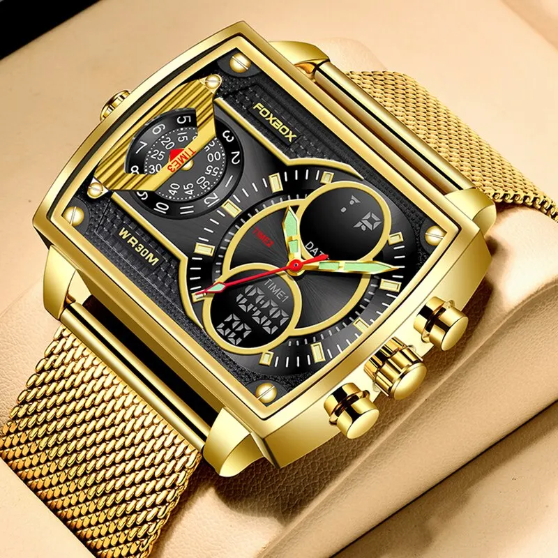 2023 Мужские часы Золотые Кварцевые Светодиодные часы Мужские часы Спортивные Водонепроницаемые наручные часы Мужские Военные Цифровые часы Man Relogio Masculino Изображение 0