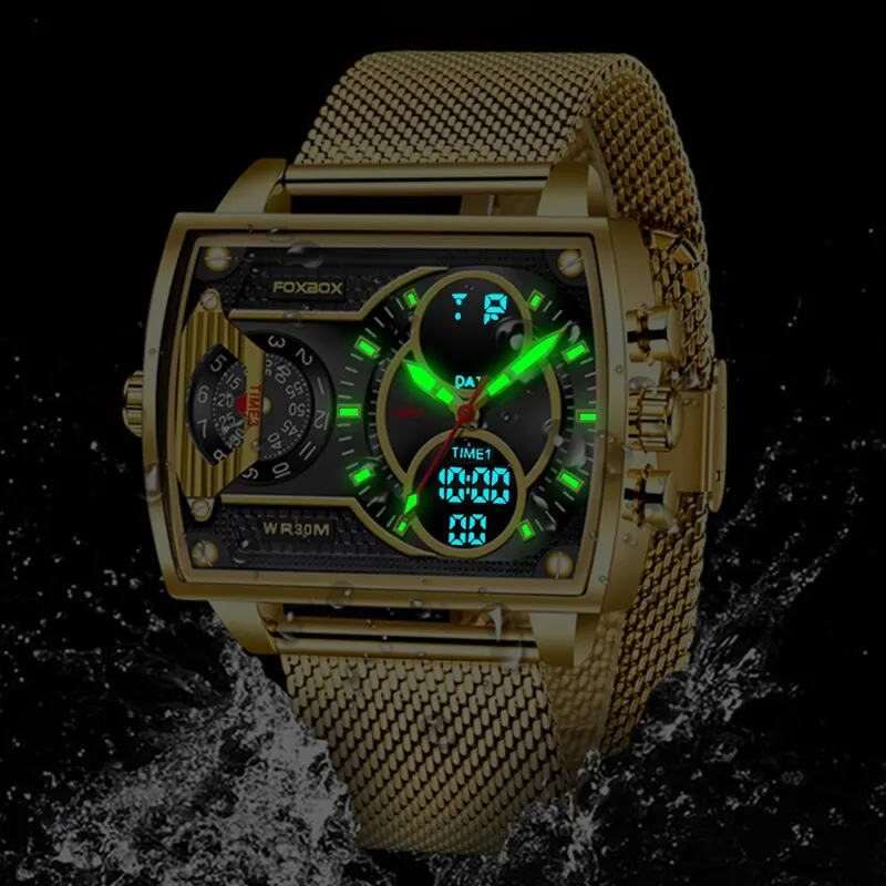 2023 Мужские часы Золотые Кварцевые Светодиодные часы Мужские часы Спортивные Водонепроницаемые наручные часы Мужские Военные Цифровые часы Man Relogio Masculino Изображение 1
