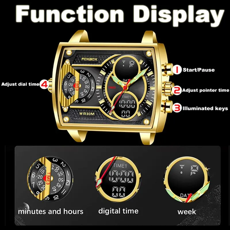 2023 Мужские часы Золотые Кварцевые Светодиодные часы Мужские часы Спортивные Водонепроницаемые наручные часы Мужские Военные Цифровые часы Man Relogio Masculino Изображение 2