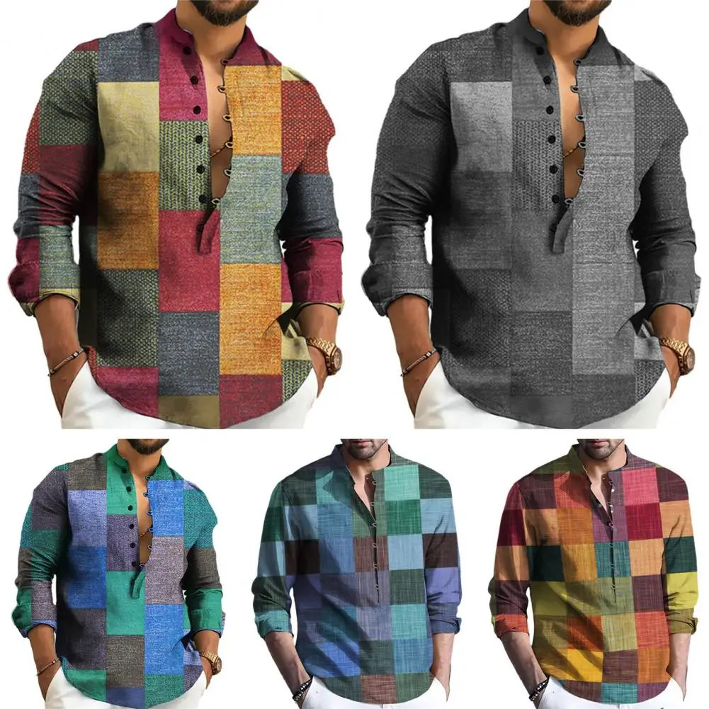 2023 Новая мужская рубашка с цветочным графическим принтом, воротник-стойка, уличная блузка с принтом с длинным рукавом, Хлопчатобумажные льняные винтажные рубашки для йоги Изображение 4