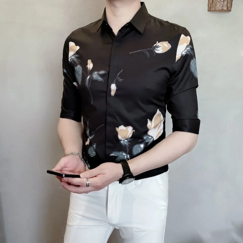2023 Новые летние рубашки для мужчин, мужские топы с дышащим принтом, приталенные мужские блузки с коротким рукавом, повседневная брендовая одежда A01 Изображение 0
