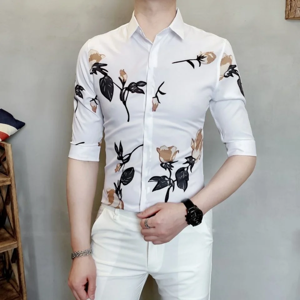 2023 Новые летние рубашки для мужчин, мужские топы с дышащим принтом, приталенные мужские блузки с коротким рукавом, повседневная брендовая одежда A01 Изображение 1