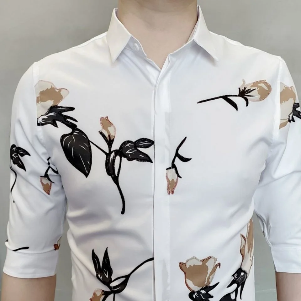 2023 Новые летние рубашки для мужчин, мужские топы с дышащим принтом, приталенные мужские блузки с коротким рукавом, повседневная брендовая одежда A01 Изображение 2