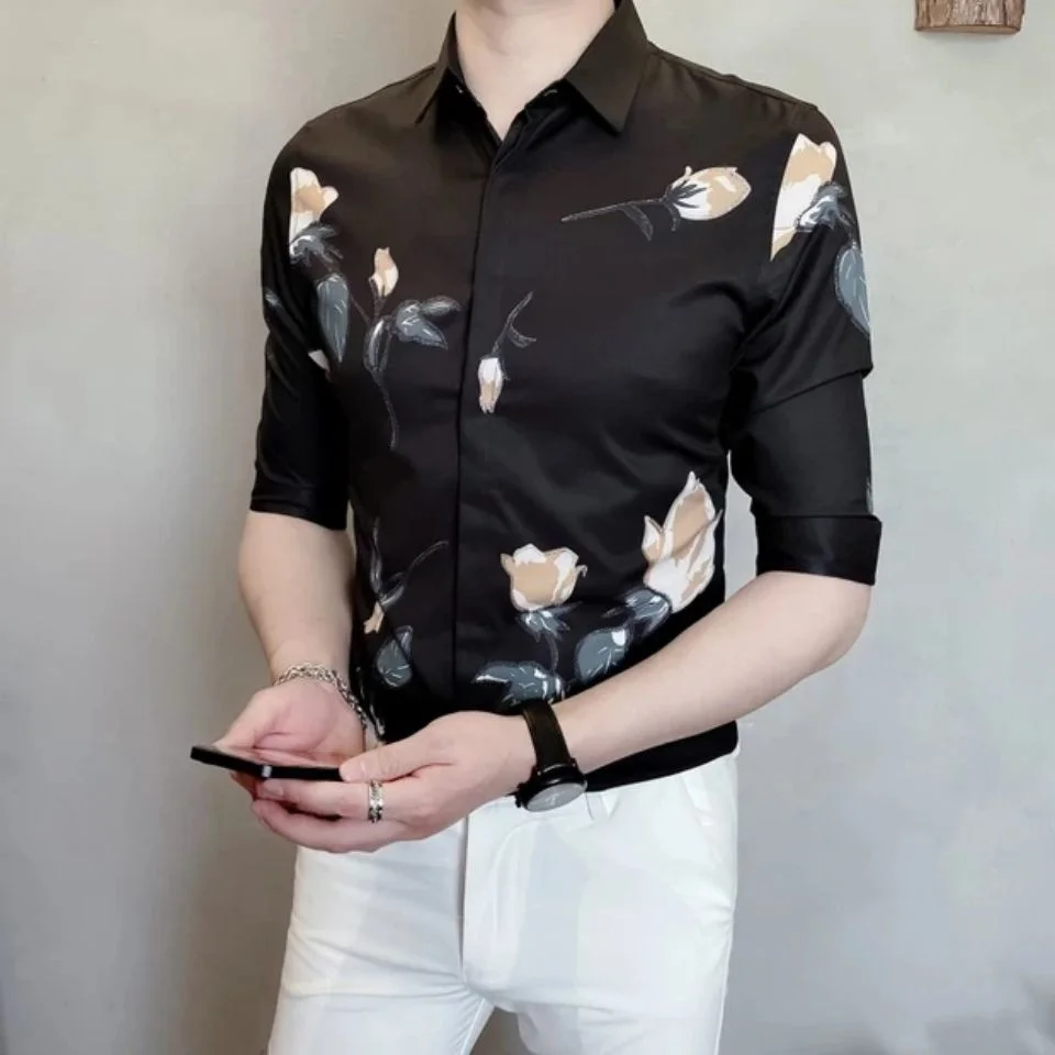 2023 Новые летние рубашки для мужчин, мужские топы с дышащим принтом, приталенные мужские блузки с коротким рукавом, повседневная брендовая одежда A01 Изображение 3