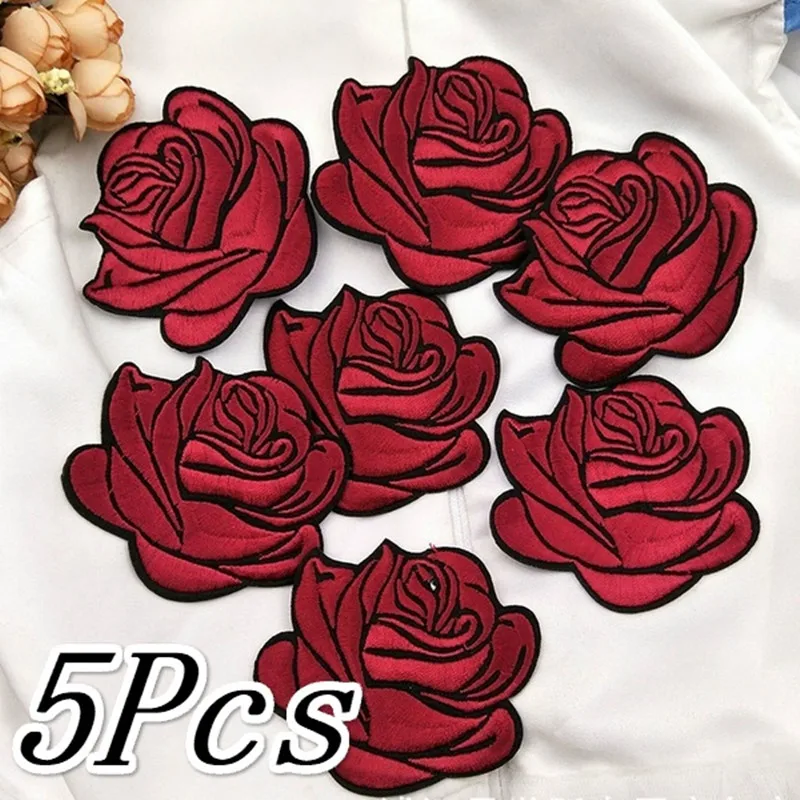 5 шт. новых наклеек с розами, нашивка из железной ткани, нашивка для одежды высокого класса, тканевая нашивка, разноцветные розы с клейкими нашивками Изображение 0
