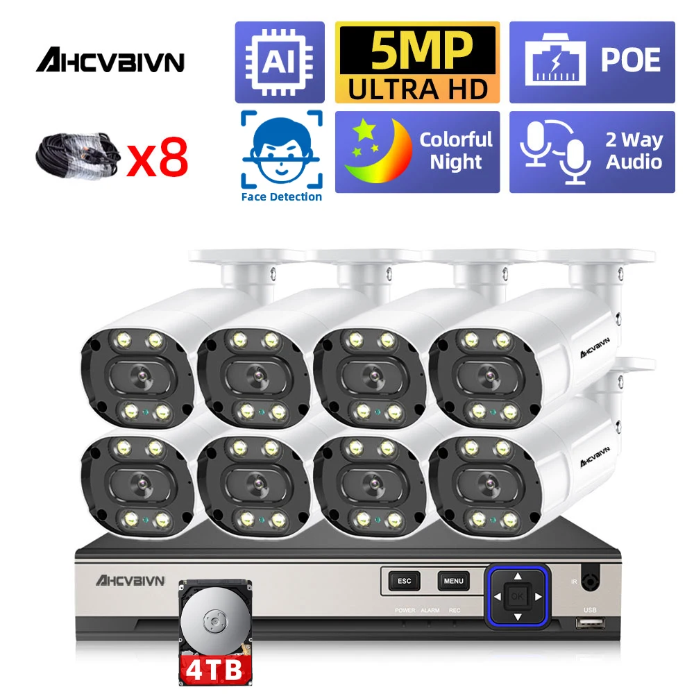 8-Канальный 4K NVR 5MP POE Система Камеры Безопасности Наружная Водонепроницаемая 5-Мегапиксельная Двусторонняя Аудио IP-Камера CCTV Комплект Видеонаблюдения Изображение 0