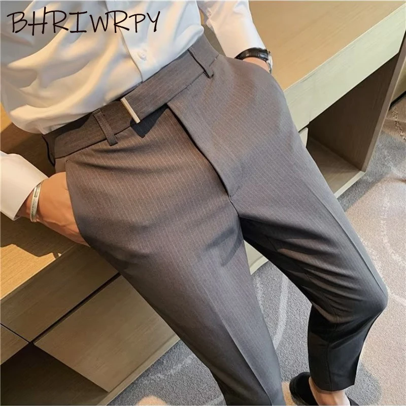 BHRIWRPY Мужские Летние Простые повседневные брюки в полоску, Темперамент, Новые универсальные деловые капри Advanced Sense Professional Slim Fit Изображение 0