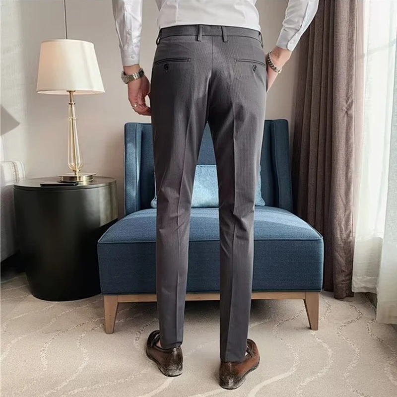 BHRIWRPY Мужские Летние Простые повседневные брюки в полоску, Темперамент, Новые универсальные деловые капри Advanced Sense Professional Slim Fit Изображение 3