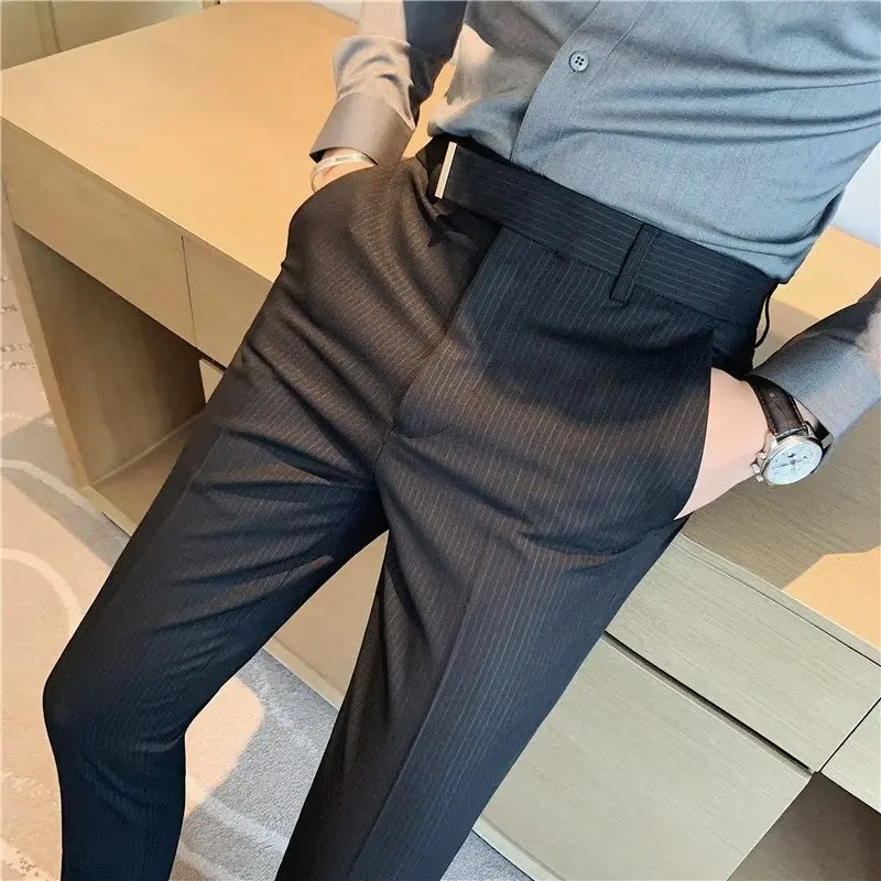 BHRIWRPY Мужские Летние Простые повседневные брюки в полоску, Темперамент, Новые универсальные деловые капри Advanced Sense Professional Slim Fit Изображение 5