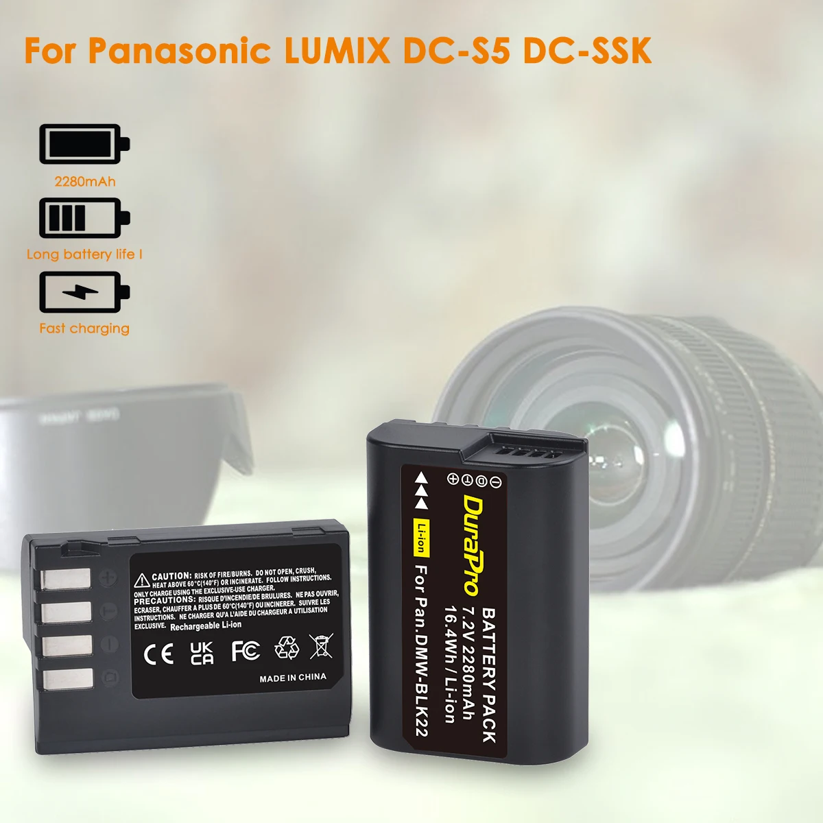 DuraPro 2280mAh DMW-BLK22 Аккумулятор + Светодиодное Двойное Зарядное Устройство для Panasonic LUMIX DC-S5 DC-S5K Аксессуары для Камеры Изображение 1
