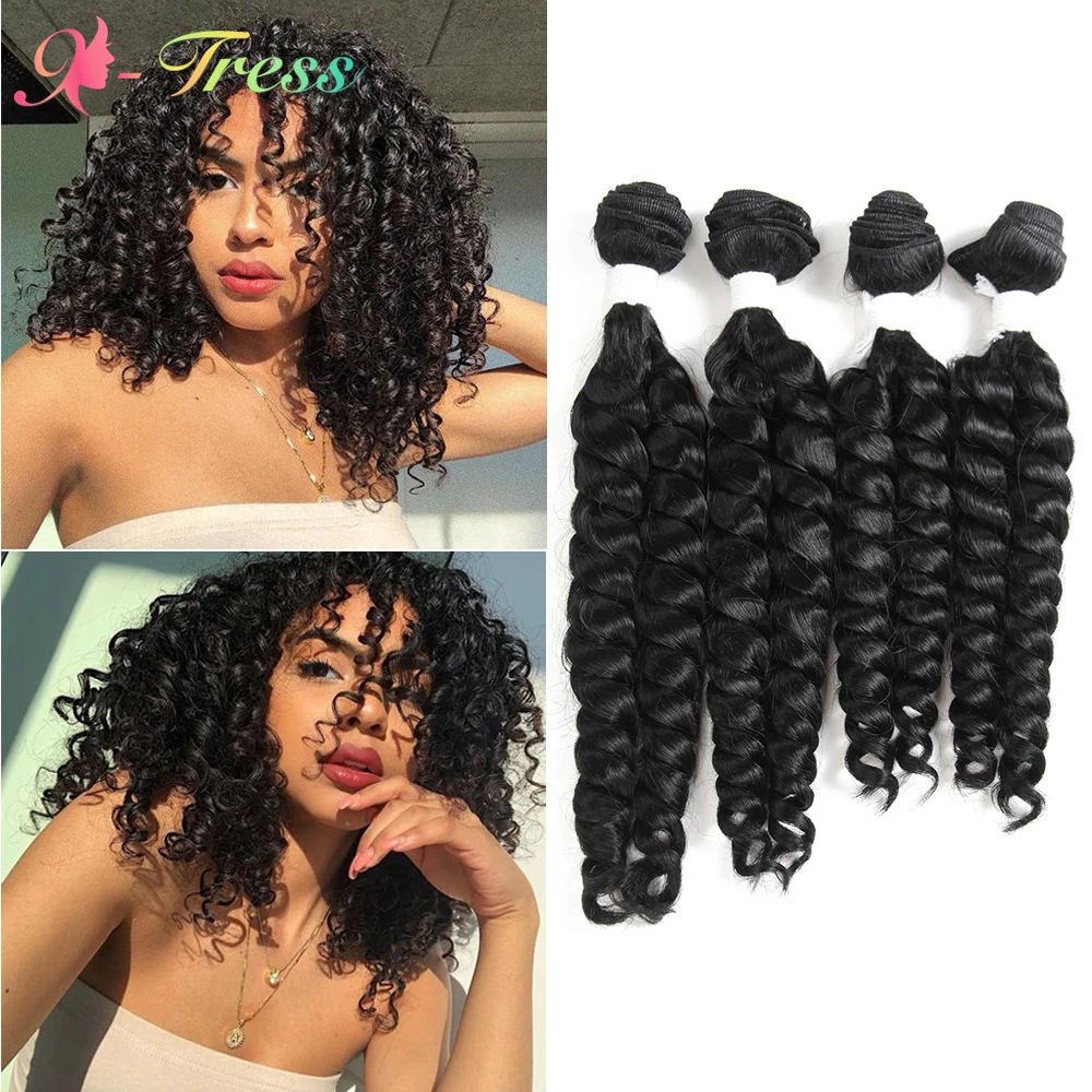 Funmi Curly Пучки синтетических волос X-TRESS черного цвета, 4 пучка наращенных волос длиной 16-18 дюймов, короткие вьющиеся волосы, плетение для женщин Изображение 0
