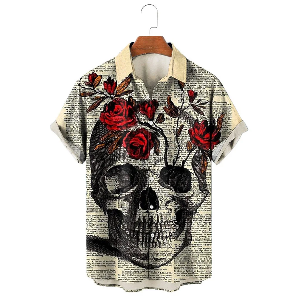 HX Модные Мужские Рубашки Skull Rose Newspaper С 3D Принтом, Повседневная Рубашка с Коротким Рукавом для Мужчин, Графическая Пляжная Рубашка Camisas Изображение 0