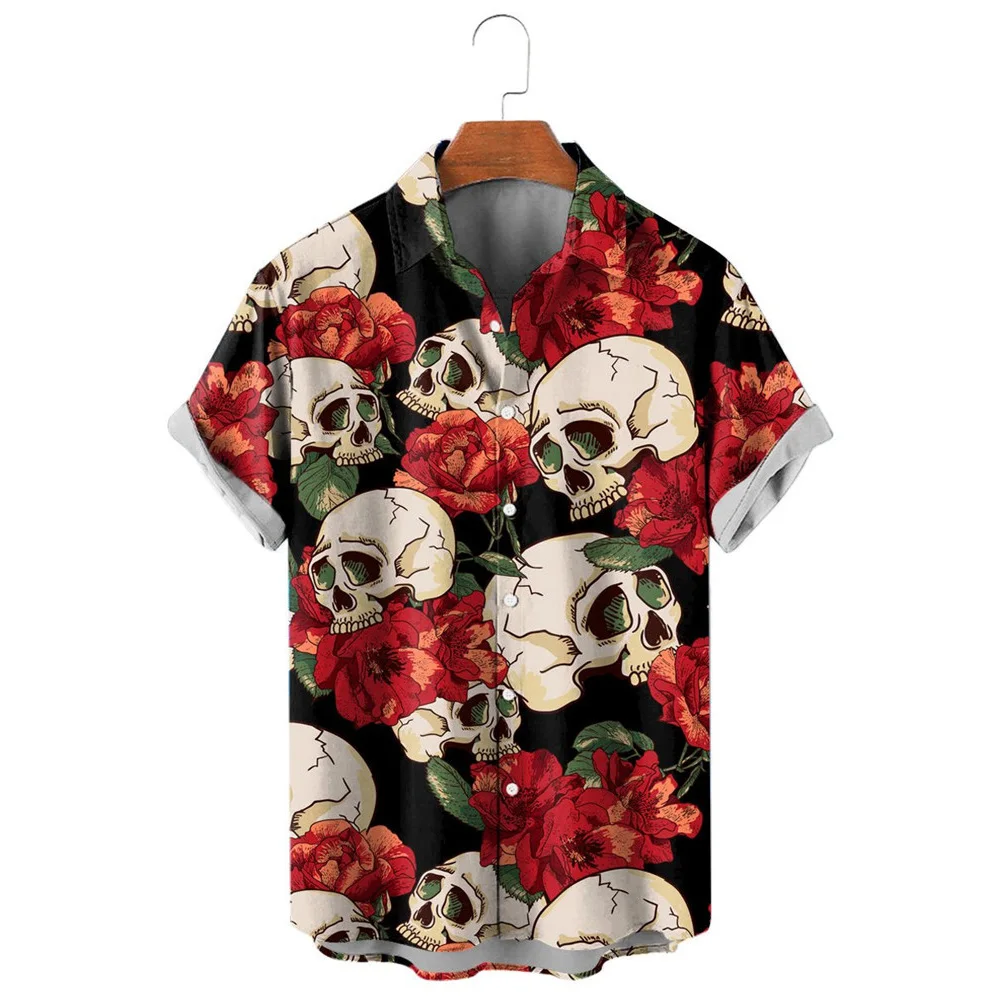 HX Модные Мужские Рубашки Skull Rose Newspaper С 3D Принтом, Повседневная Рубашка с Коротким Рукавом для Мужчин, Графическая Пляжная Рубашка Camisas Изображение 1