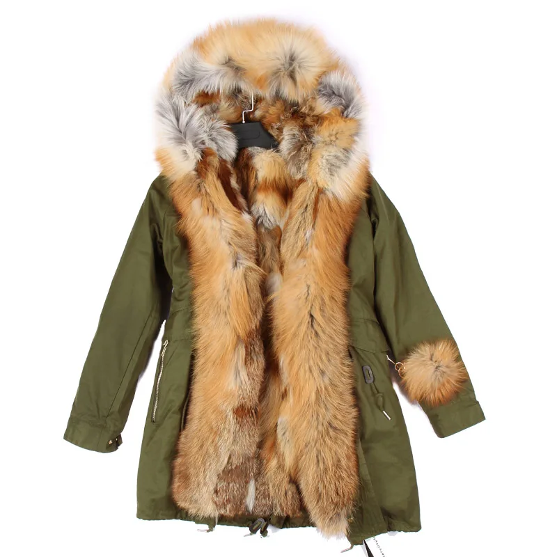 MAOMAOKONG 2023 Парки с подкладкой из меха рыжей лисы, пальто с воротником из натурального меха, толстая теплая женская роскошная куртка с внутренним мехом, Женская Изображение 4