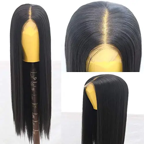 Marquesha 13*6 Черный прямой синтетический кружевной парик для женщин, длинный гладкий прямой синтетический парик для косплея Изображение 0