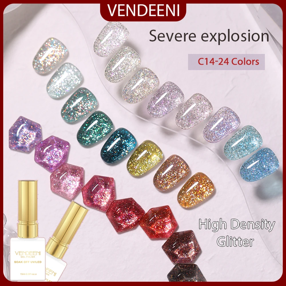 Vendeeni 24 Цвета Красочный Флэш-Гель-Лак Для ногтей Высокой Плотности С Блестками, Сверкающий Впитывающийся УФ СВЕТОДИОДНЫЙ Лак Для Дизайна ногтей Изображение 0