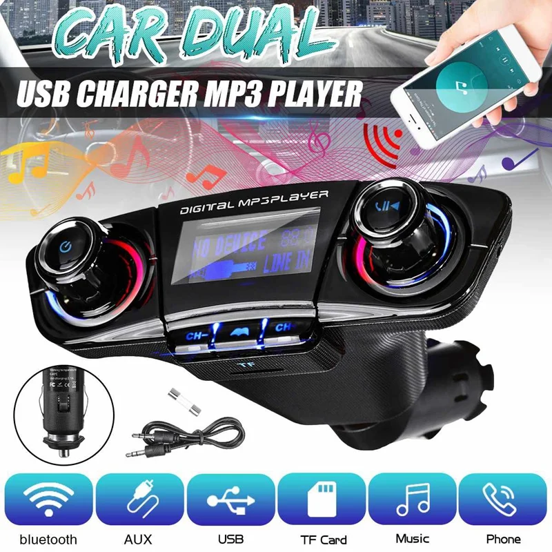Автомобильный Bluetooth Аудио MP3-плеер FM-передатчик, двойное USB-зарядное устройство, одна клавиша громкой связи, карта AUX TF, U-диск, 1,3-дюймовый светодиодный дисплей Изображение 0