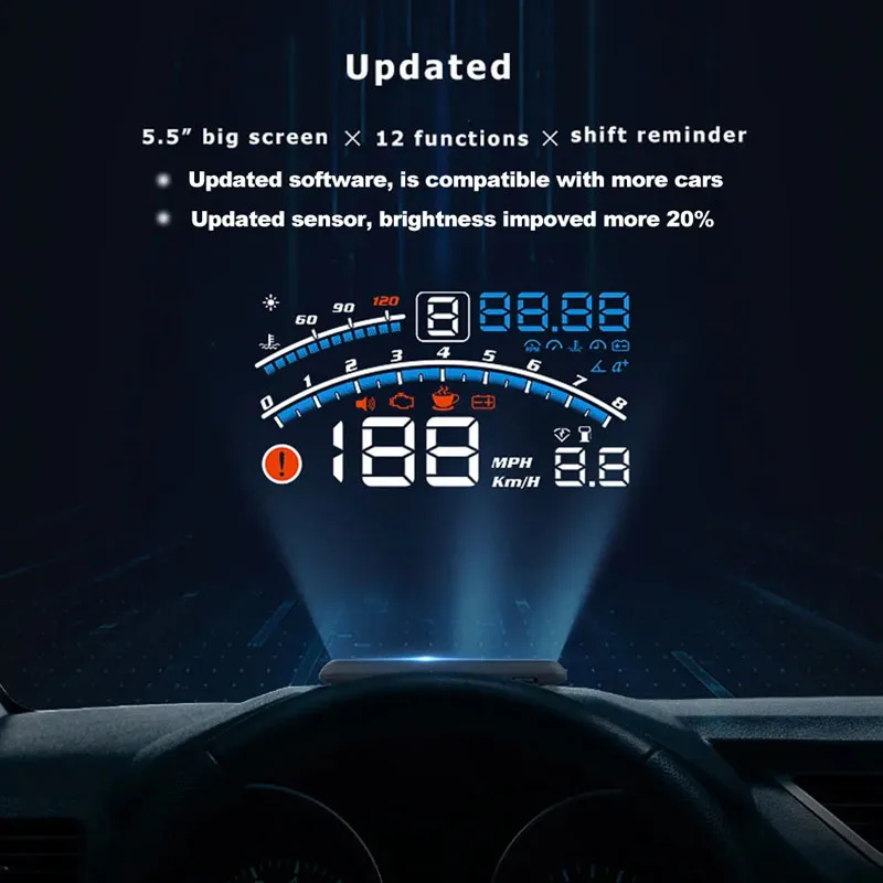 Автомобильный проектор на лобовое стекло, портативный автомобильный дисплей Heads Up, Универсальный модифицированный автомобильный дисплей Hd, дисплей скорости Hud, дисплей оборотов в минуту Изображение 0