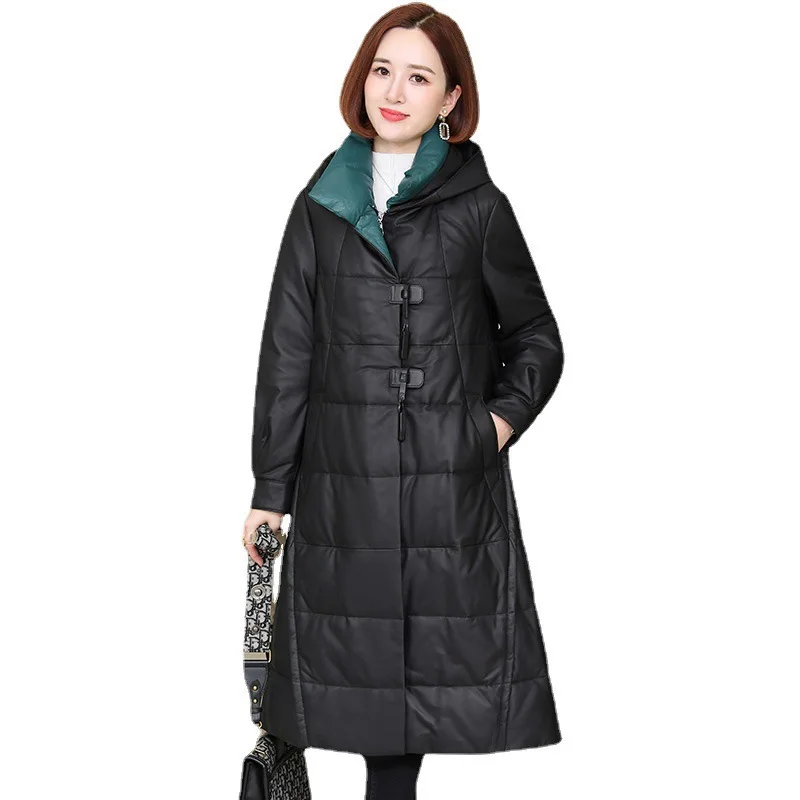 Акция 2023 года, новинка зимы, кожаный пуховик, кожаное пальто, женское пальто средней длины, теплое пальто из овечьей шкуры Изображение 3