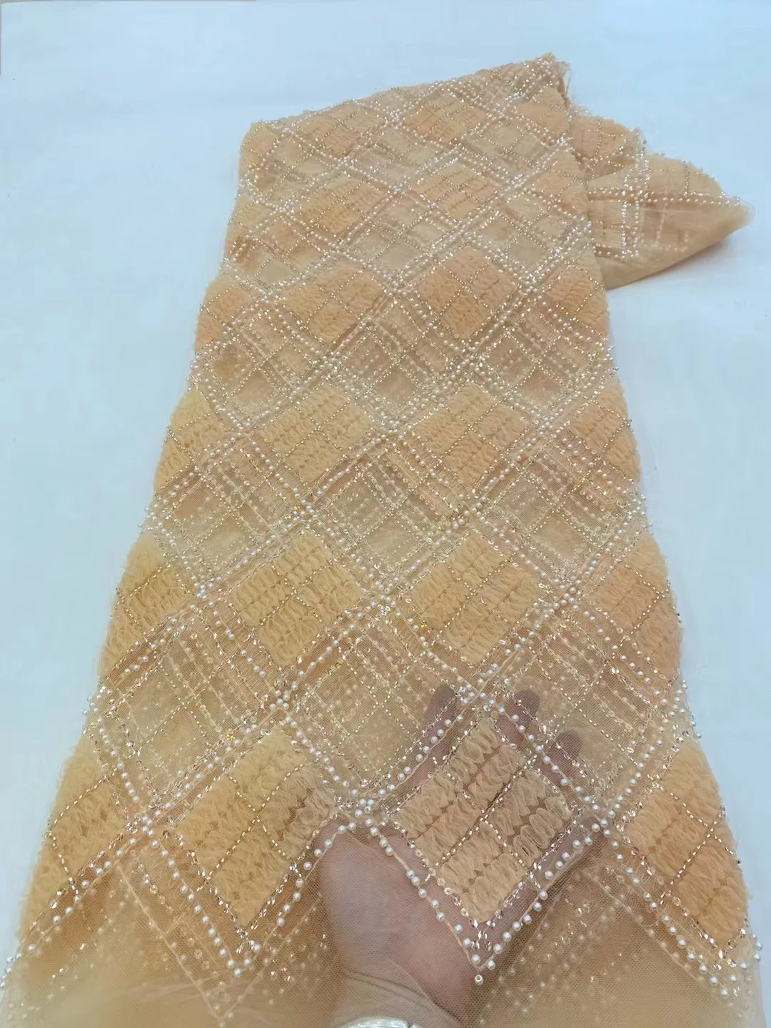 Африканская 3D цветочная роскошная кружевная ткань из бисера 2023, высококачественная вышивка, французский тюль, сетка, жемчужное свадебное кружево z5670 Изображение 0