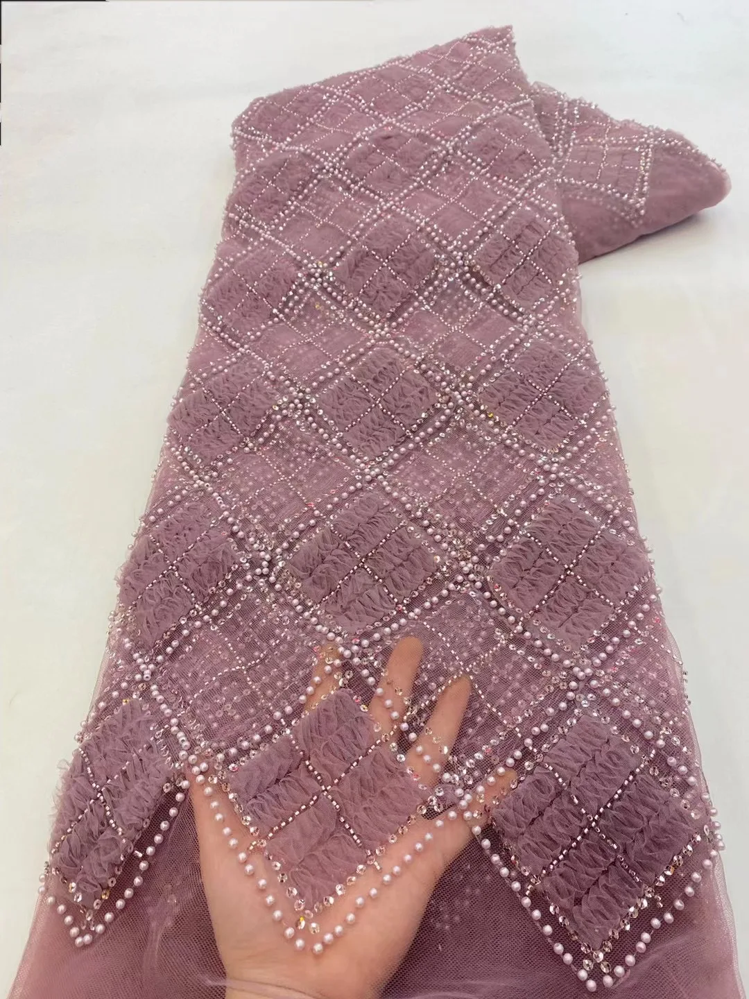 Африканская 3D цветочная роскошная кружевная ткань из бисера 2023, высококачественная вышивка, французский тюль, сетка, жемчужное свадебное кружево z5670 Изображение 2