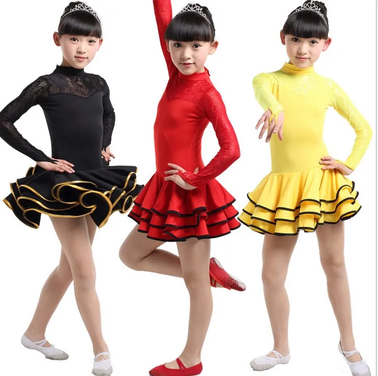 Бесплатная доставка, Детское кружевное платье для латиноамериканских танцев с длинным рукавом, балетное платье для девочек, танцующих самбу, подходит для детей ростом 110-150 см Изображение 0