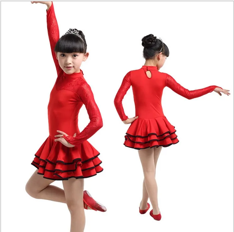Бесплатная доставка, Детское кружевное платье для латиноамериканских танцев с длинным рукавом, балетное платье для девочек, танцующих самбу, подходит для детей ростом 110-150 см Изображение 2