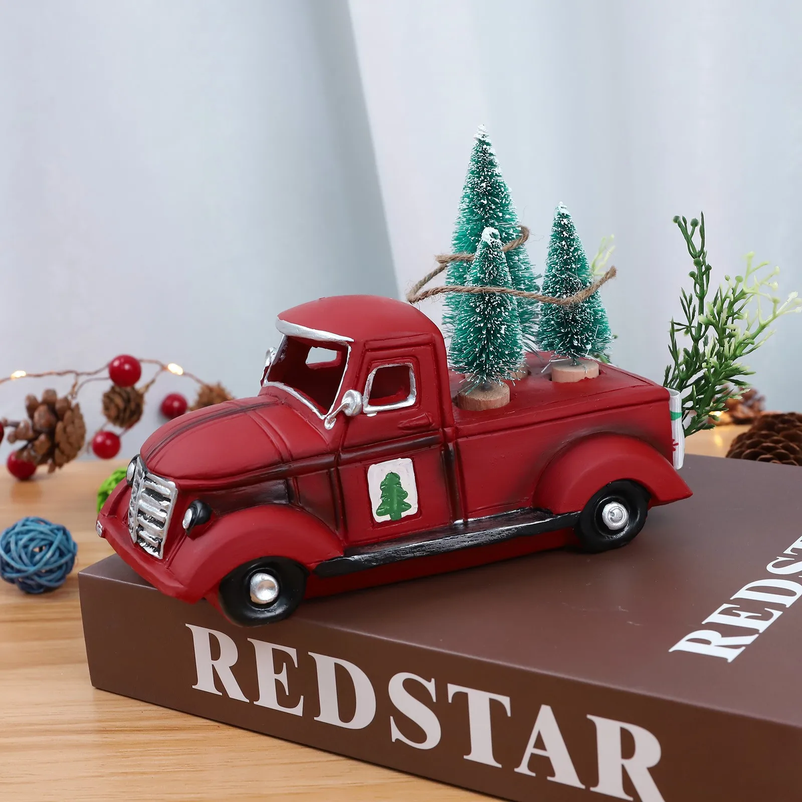 Большой грузовик с орнаментом, красный Грузовик с рождественской фермой, Рождественский декор, центральные елки, Рождественский Красный грузовик, ферма в винтажном стиле Изображение 3
