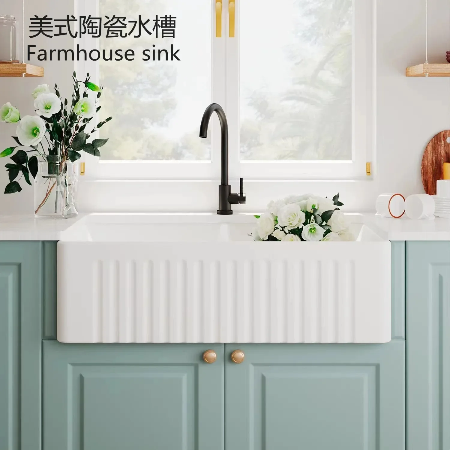 Ванная комната Shenzi, Скандинавско-американская кухня, керамическая раковина, таз для овощей, открытый шкаф, раковина в фермерском доме Изображение 0