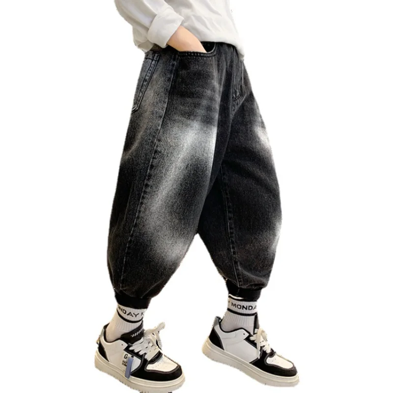Весенне-осенние джинсы для мальчиков, новые модные джинсовые брюки с градиентным рисунком, детская одежда для подростков, повседневные спортивные брюки 8, 10, 12, 14 лет Изображение 0