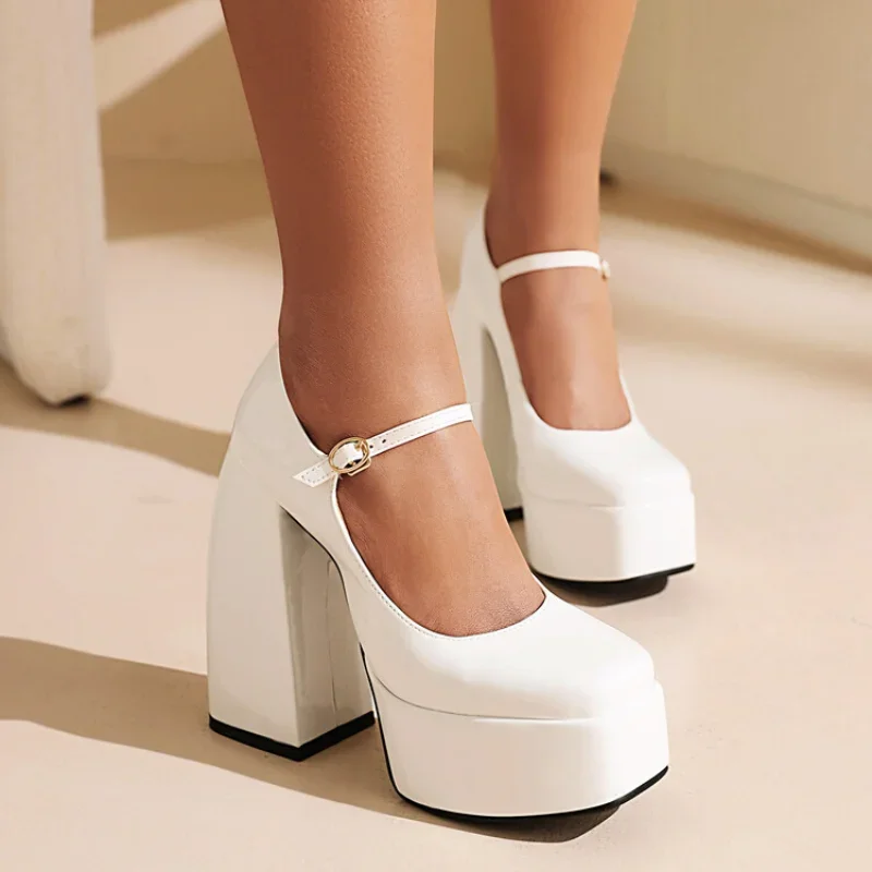 весенне-осенние Новые стили, модные женские туфли на высоком каблуке с круглым носком, вечерние женские туфли на квадратном каблуке с пряжкой и мелким носком Изображение 3