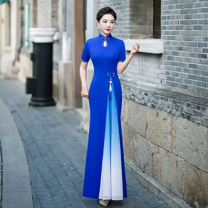 Винтажное платье Ао Дай в китайском стиле, женское сексуальное открытое платье Ципао, женское элегантное винтажное платье Ципао для выступлений на сцене Изображение 0