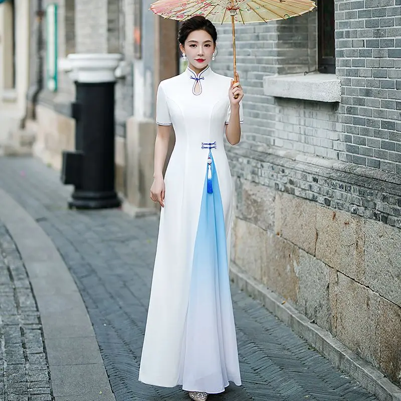 Винтажное платье Ао Дай в китайском стиле, женское сексуальное открытое платье Ципао, женское элегантное винтажное платье Ципао для выступлений на сцене Изображение 1