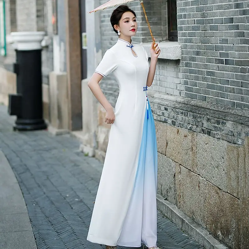 Винтажное платье Ао Дай в китайском стиле, женское сексуальное открытое платье Ципао, женское элегантное винтажное платье Ципао для выступлений на сцене Изображение 2