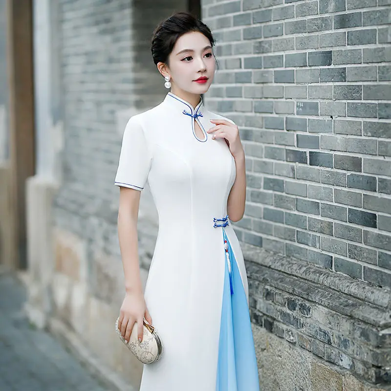 Винтажное платье Ао Дай в китайском стиле, женское сексуальное открытое платье Ципао, женское элегантное винтажное платье Ципао для выступлений на сцене Изображение 3