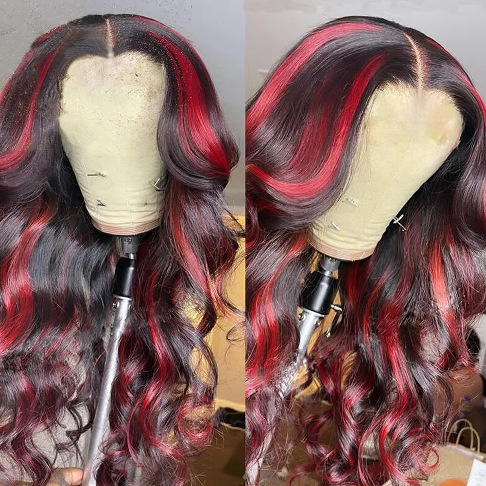 Выделите красный парик Бордовый Объемная волна Кружева спереди Парики для женщин Синтетические волосы термостойкие Изображение 1