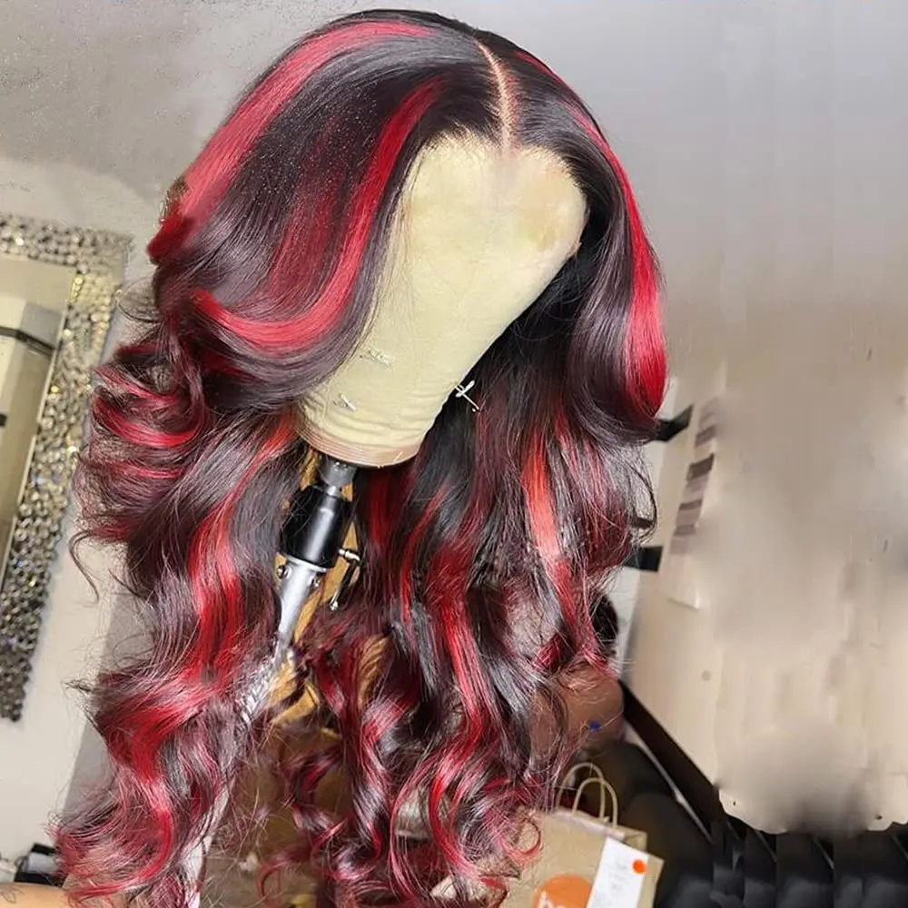 Выделите красный парик Бордовый Объемная волна Кружева спереди Парики для женщин Синтетические волосы термостойкие Изображение 2