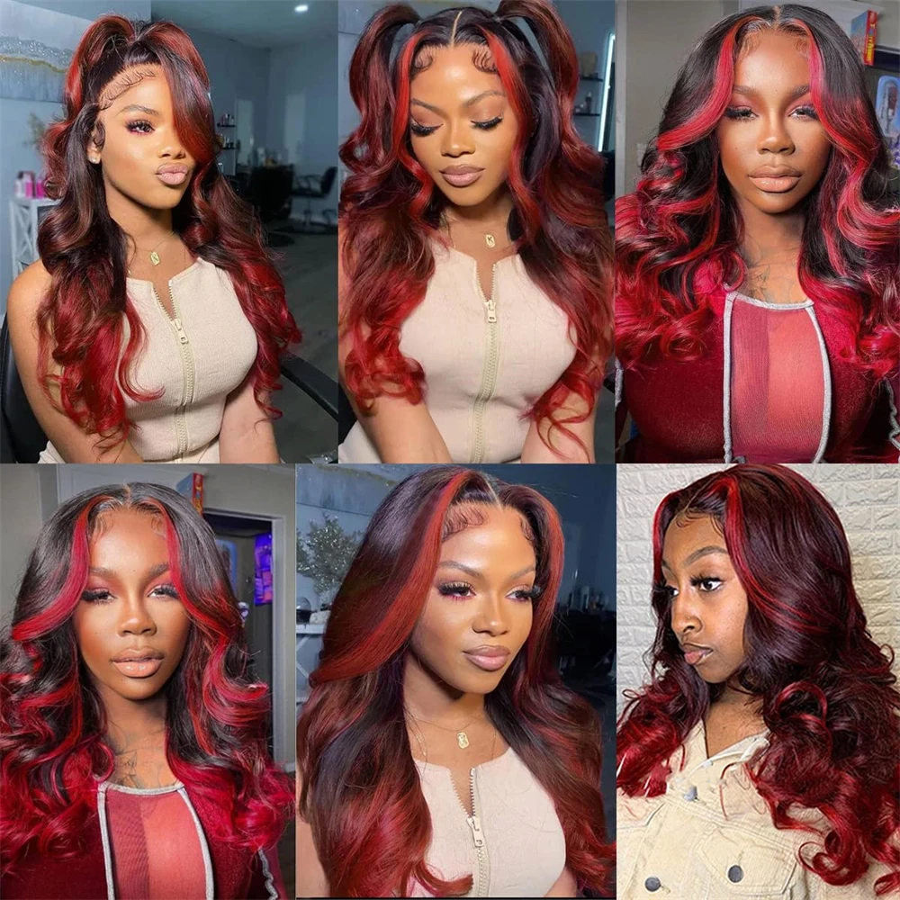 Выделите красный парик Бордовый Объемная волна Кружева спереди Парики для женщин Синтетические волосы термостойкие Изображение 4
