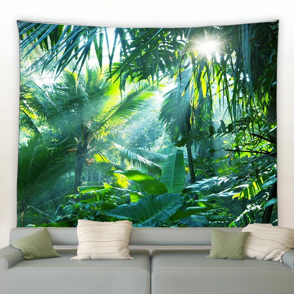 Гобелен с печатью лесного пейзажа, Тропическое растение, Стена с Водопадом, Коврик для пикника на пляже, Настраиваемый Изображение 1
