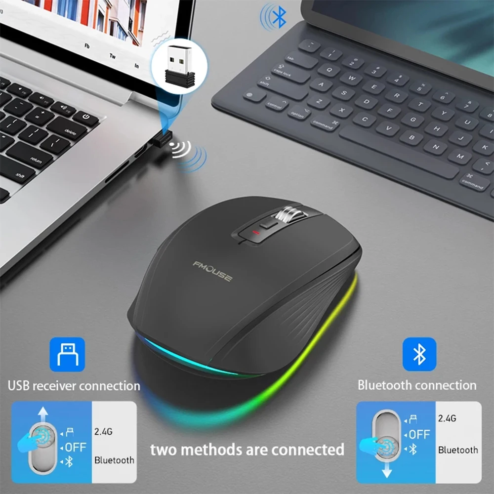 Двухрежимная перезаряжаемая беспроводная мышь Bluetooth 2.4G RGB Mute Mouse для Windows Mac IOS Android Ноутбук Планшетный телефон ПК Изображение 4