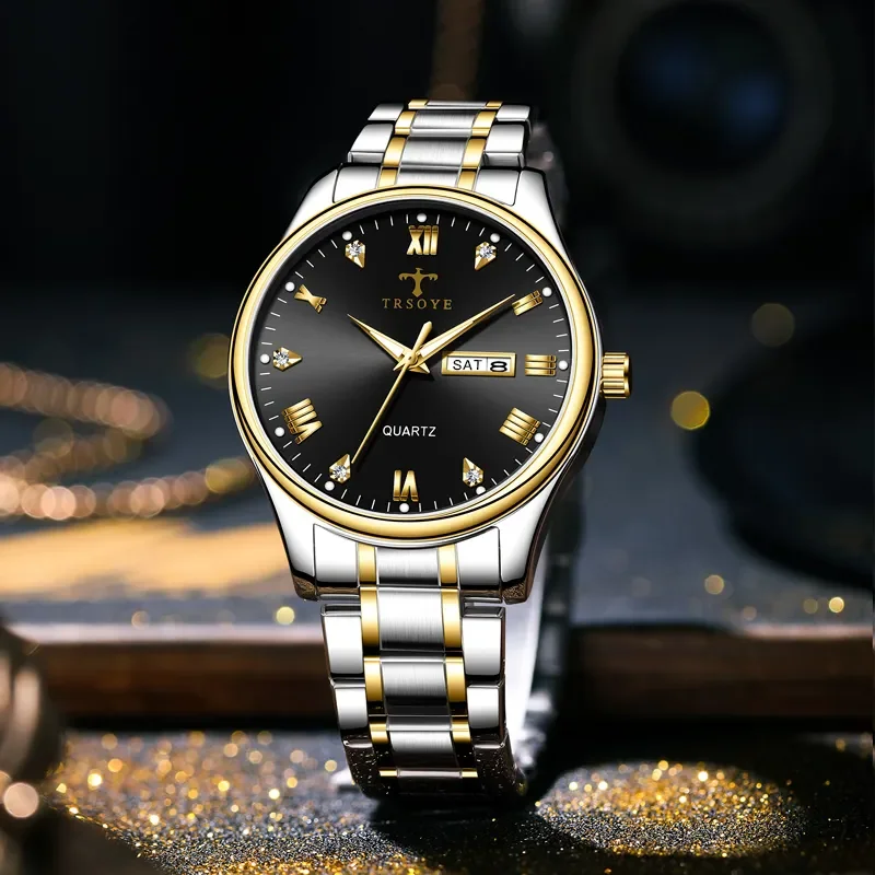 Деловые часы мужской бренд luxuries Стальные водонепроницаемые наручные часы с 3 полосами от часового завода TRSOYE Изображение 1