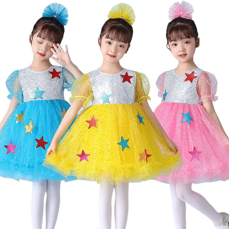 Детская одежда для выступлений, женская пышная газовая юбка принцессы с блестками, платье для хора в детском саду  Изображение 0