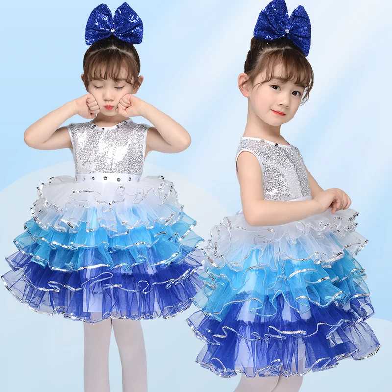 Детская одежда для выступлений, женская пышная газовая юбка принцессы с блестками, платье для хора в детском саду  Изображение 2