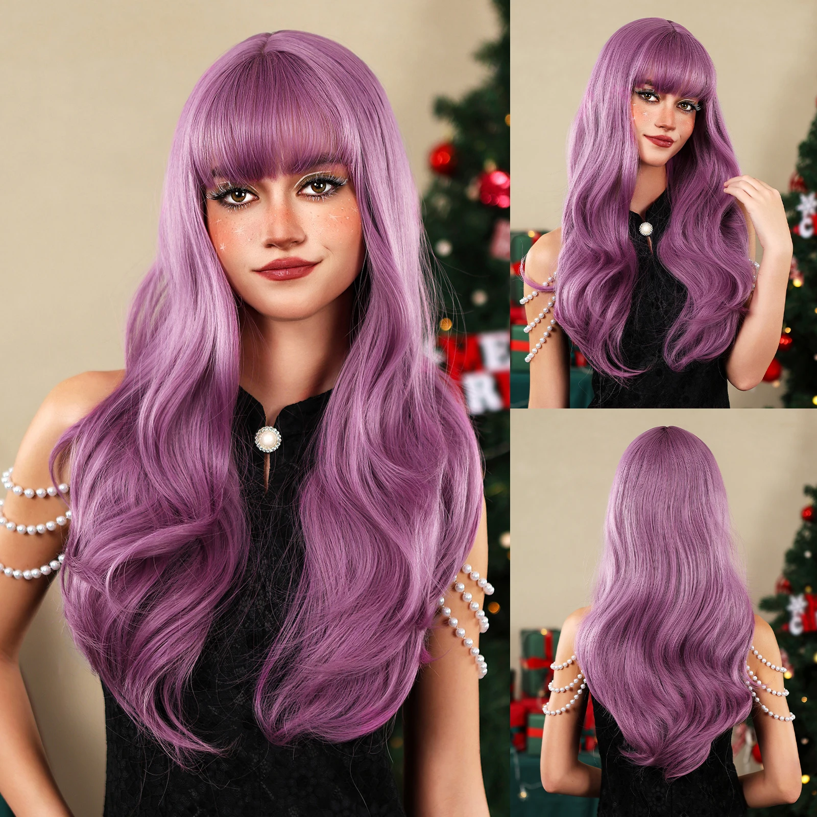 Длинный волнистый фиолетовый синтетический натуральный парик для женщин с челкой, парики для косплея, естественная волна для ежедневного использования на вечеринках, поддельные волосы, термостойкие Изображение 0