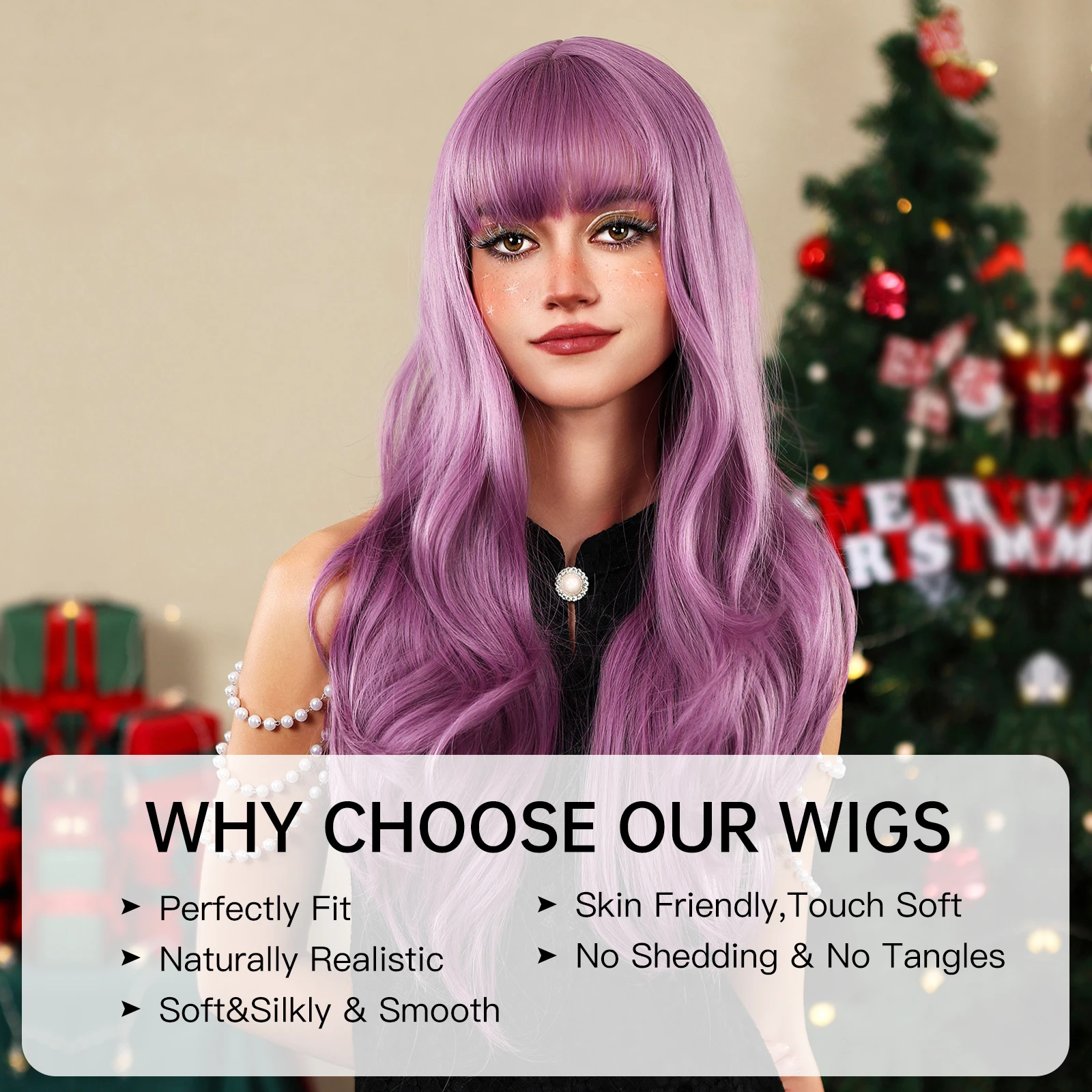 Длинный волнистый фиолетовый синтетический натуральный парик для женщин с челкой, парики для косплея, естественная волна для ежедневного использования на вечеринках, поддельные волосы, термостойкие Изображение 1
