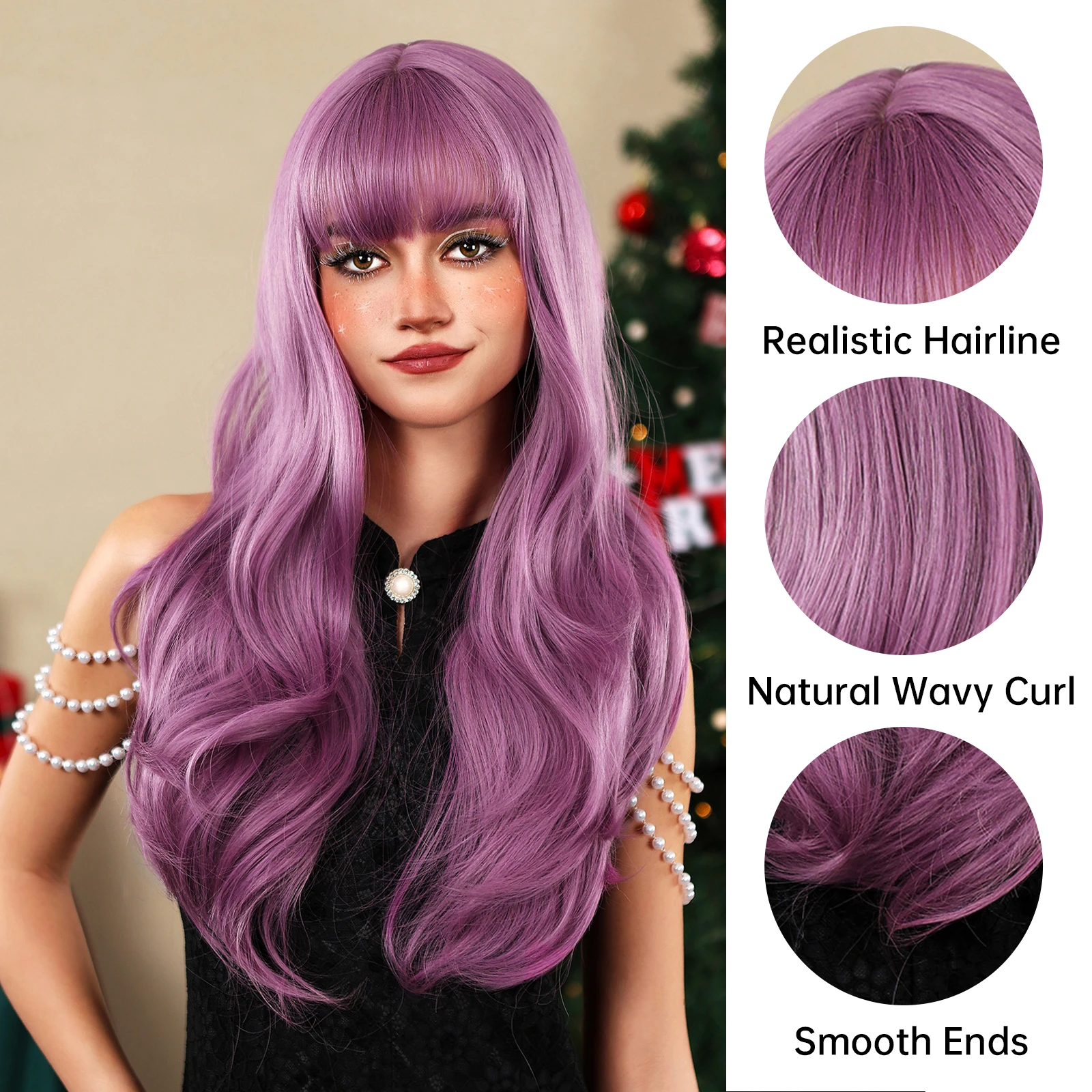 Длинный волнистый фиолетовый синтетический натуральный парик для женщин с челкой, парики для косплея, естественная волна для ежедневного использования на вечеринках, поддельные волосы, термостойкие Изображение 2