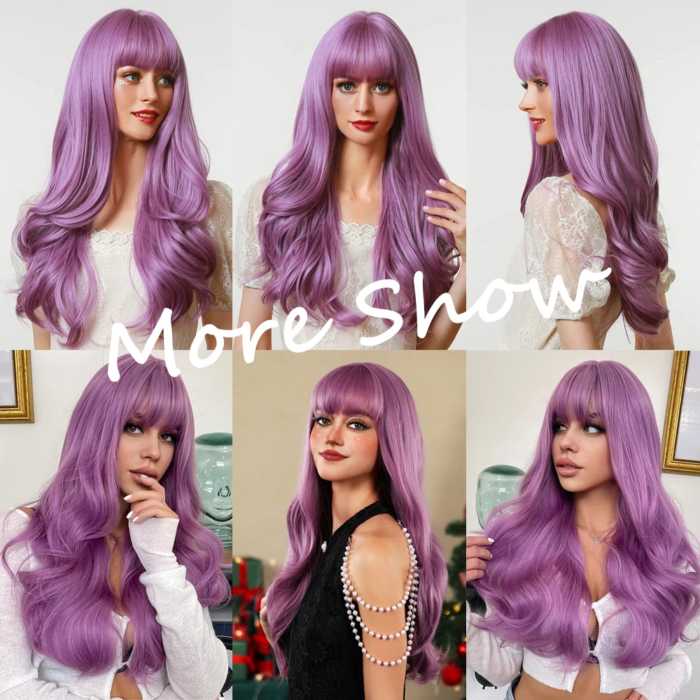 Длинный волнистый фиолетовый синтетический натуральный парик для женщин с челкой, парики для косплея, естественная волна для ежедневного использования на вечеринках, поддельные волосы, термостойкие Изображение 3